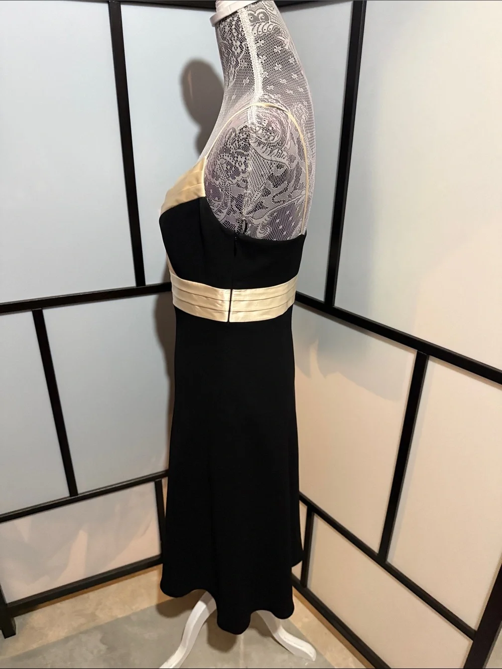 Ann Taylor Black Midi Dress with Cream Satin Accents